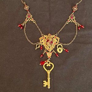 Steampunk Victorian Gold Garnet Key Lock Necklace